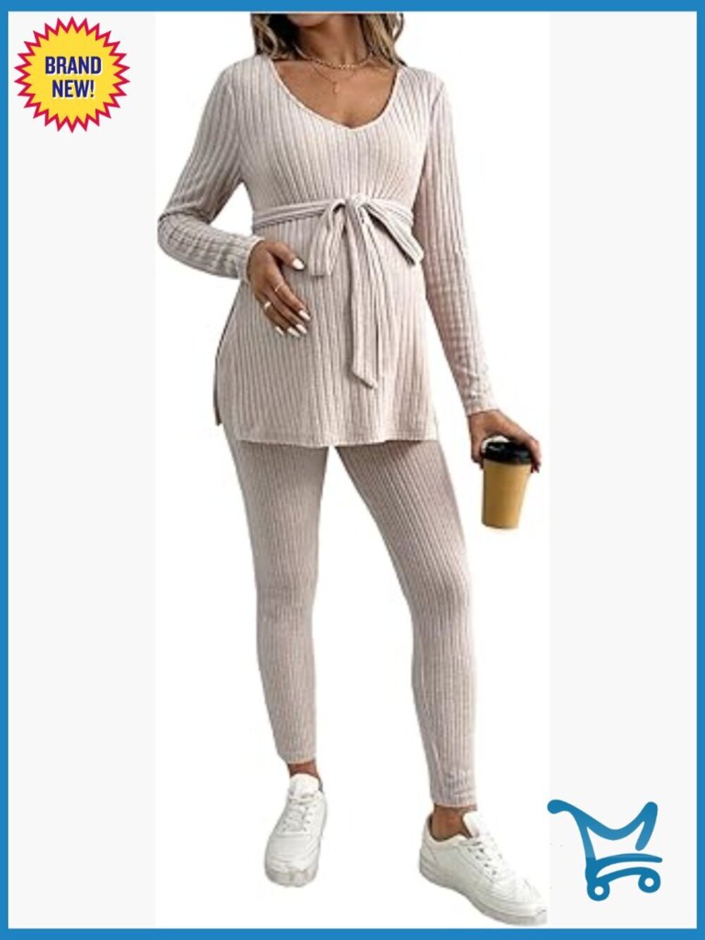 Maternity 2 Piece Lounge Set Long Sleeve V Neck Top and Leggings